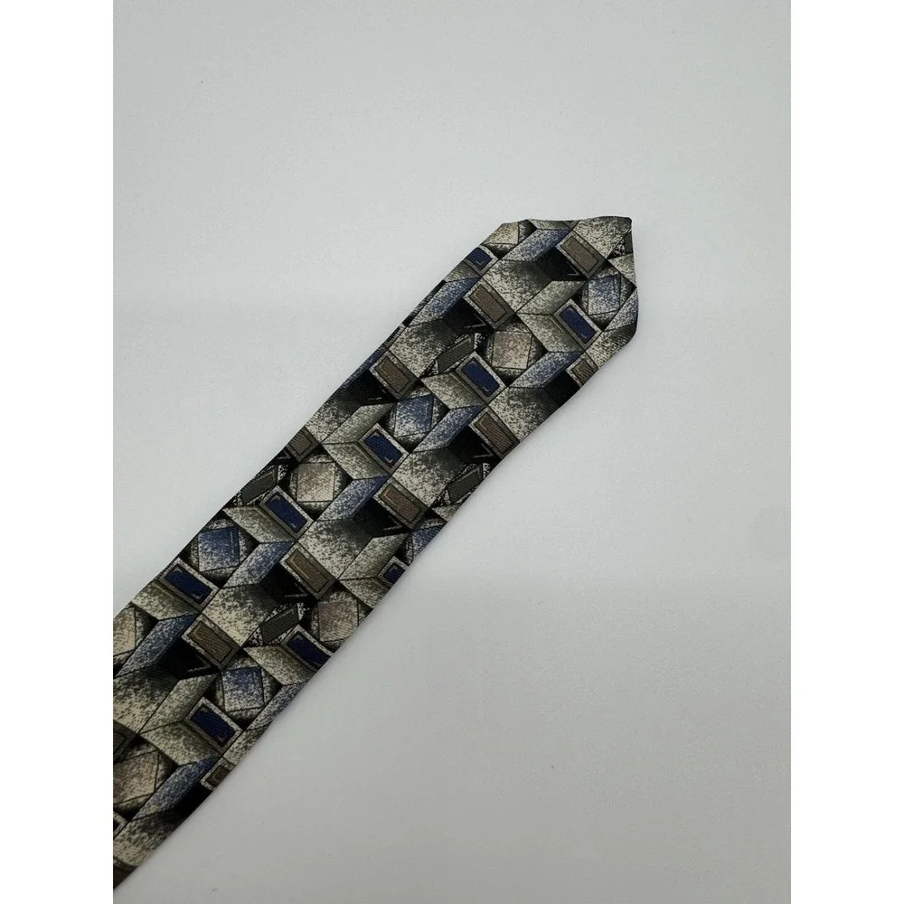 Barrington 100% Silk Tie Geometric Cube Pattern Blue Gray Brown Classic Mens Tie